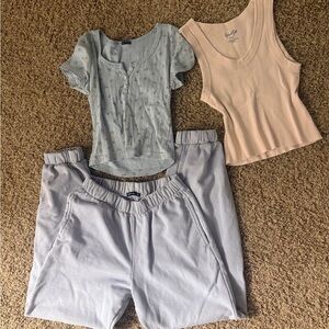 Brandy Melville Blue and Cream Short Sleeve Tops